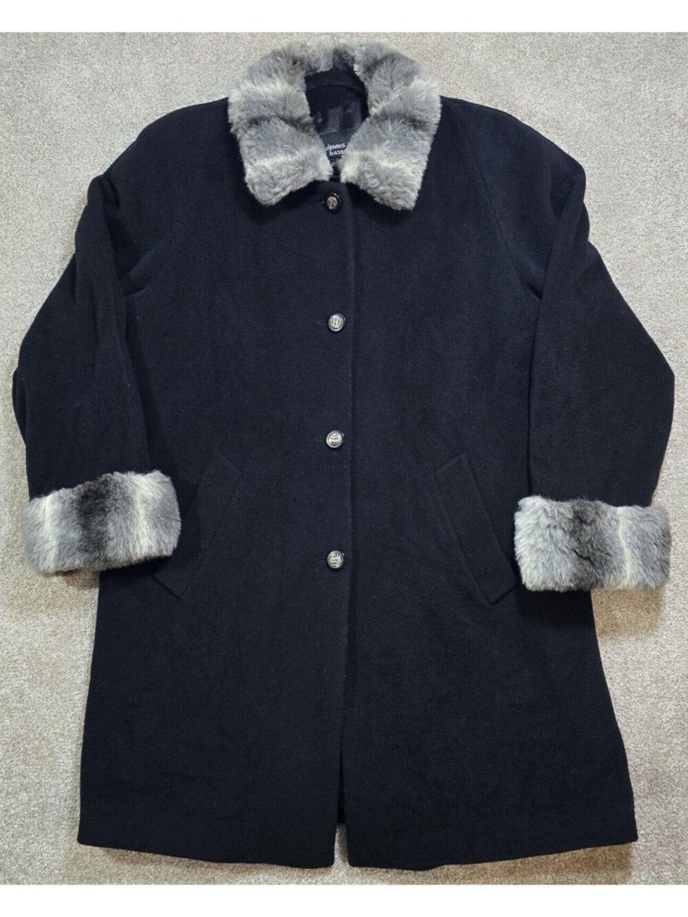 Dennis Basso Wool/Cashmere Blend Lined Button Up Coat Faux Fur Trim Women's L